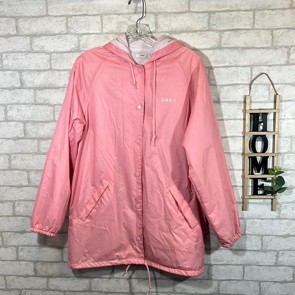 Obey pink  button down hooded windbreaker jackets size Medium